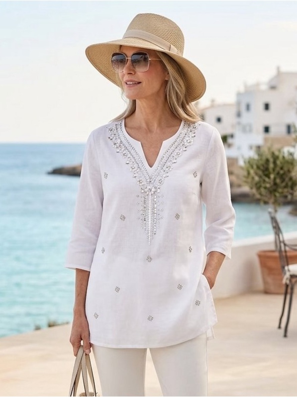 Chico’s Novelty Shine Popover Tunic in Optic White NEW!